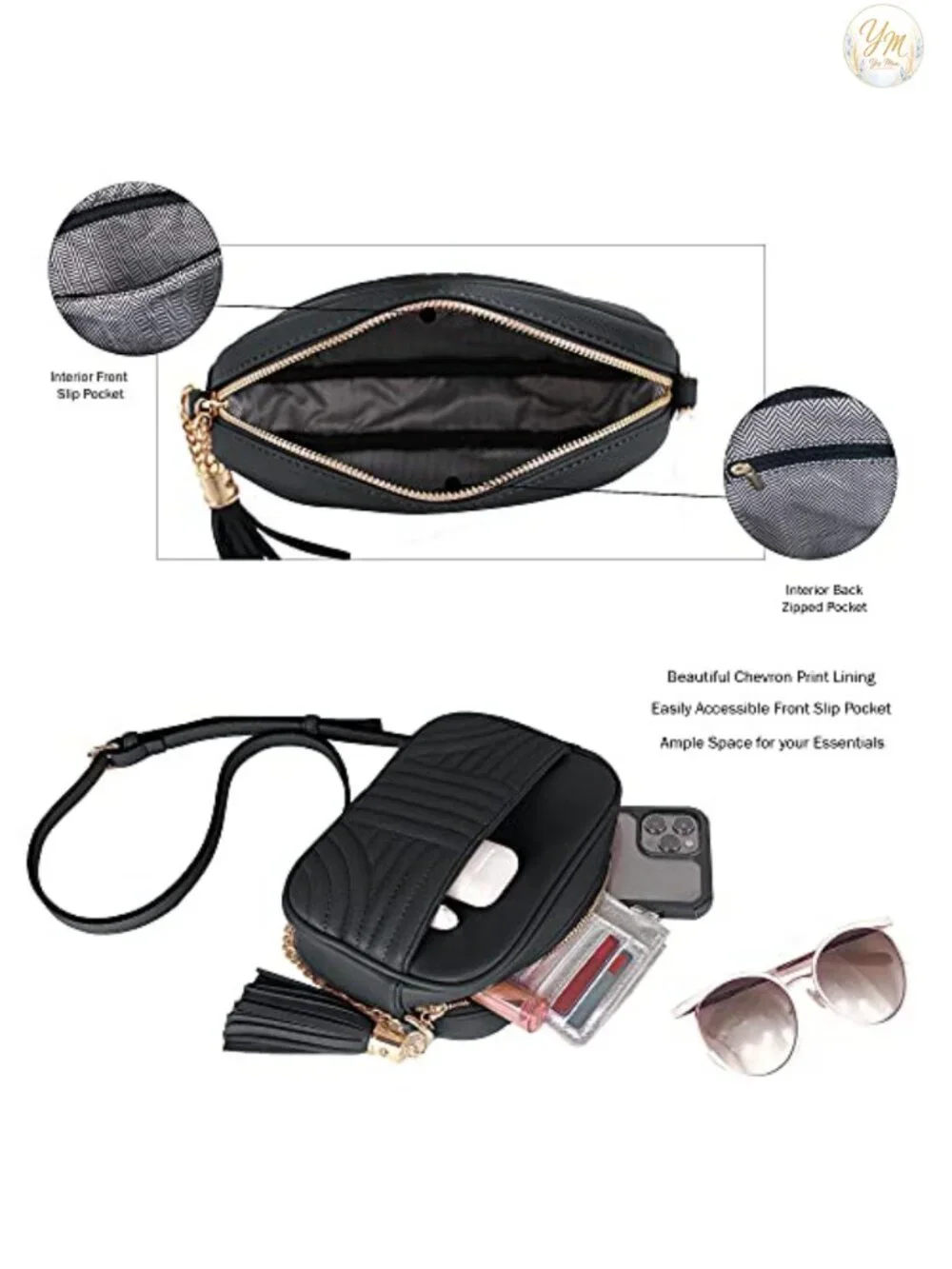 Quilted Vegan Leather Crossbody Purse with Tassel Adjustable Chain Strap